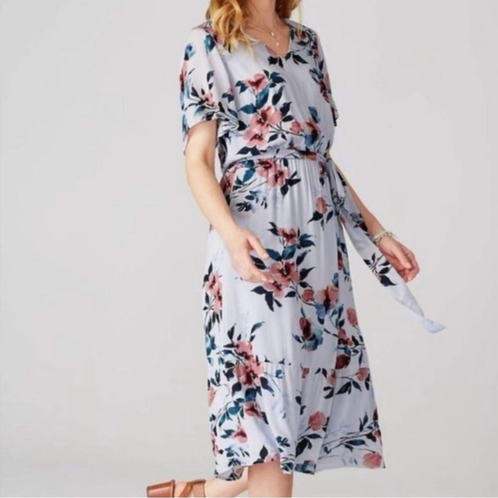 J. Jill Light Blue Floral Midi Dress with Pink and Teal Flowers